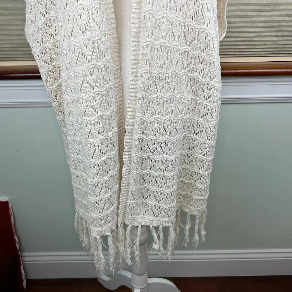 LA Hearts Cotton Linen Crochet Open Knit Open Front Longline Fringed Cardigan
